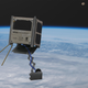 An artist’s imagining of Woodsat in orbit, camera rod extended.